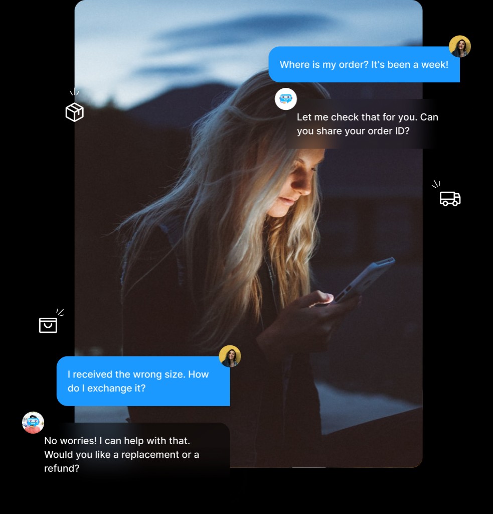Support chat with order tracking and returns assistance over a customer on her phone